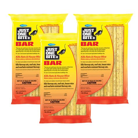 Just one bite - You manage the frequency or cancellation to fit your needs. Just One Bite® II is for use in and around agricultural buildings to kill Norway rats, roof rats and house mice. Contains the active ingredient bromadiolone. Product has been treated with S-methoprene to protect the bait from infestation by insects.